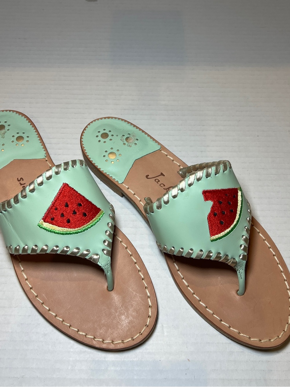 Women’s 8 Jack Rogers sandals mint green  embroidered watermelon slice. Summer